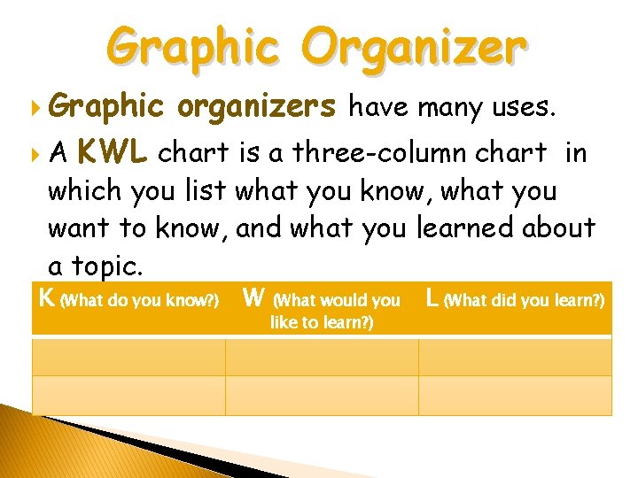 Graphic Organizer Graphic organizers have many uses. A KWL chart is a three-column chart