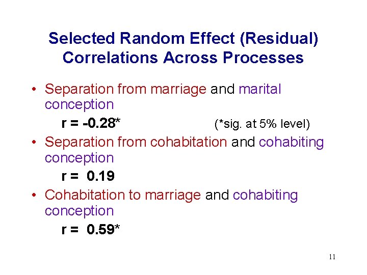 Selected Random Effect (Residual) Correlations Across Processes • Separation from marriage and marital conception