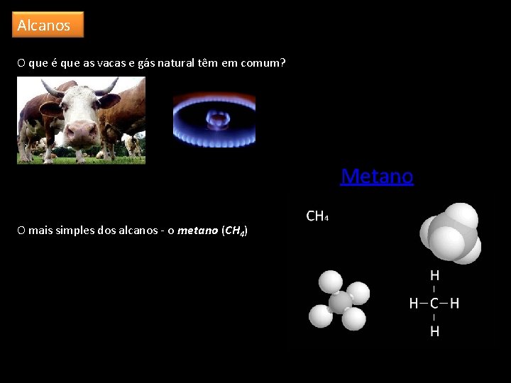 Alcanos O que é que as vacas e gás natural têm em comum? Metano
