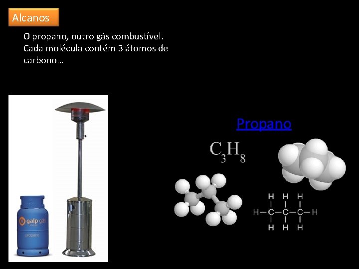 Alcanos O propano, outro gás combustível. Cada molécula contém 3 átomos de carbono… Propano