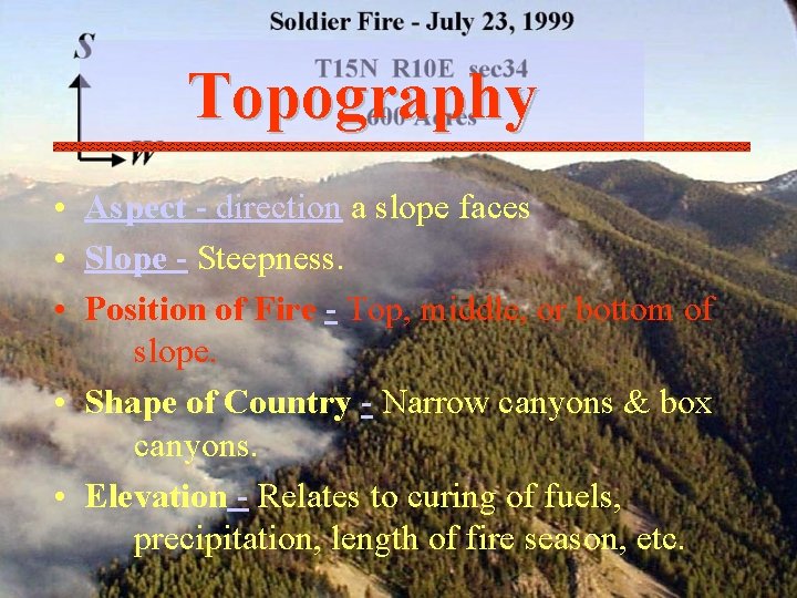 Topography • Aspect - direction a slope faces • Slope - Steepness. • Position