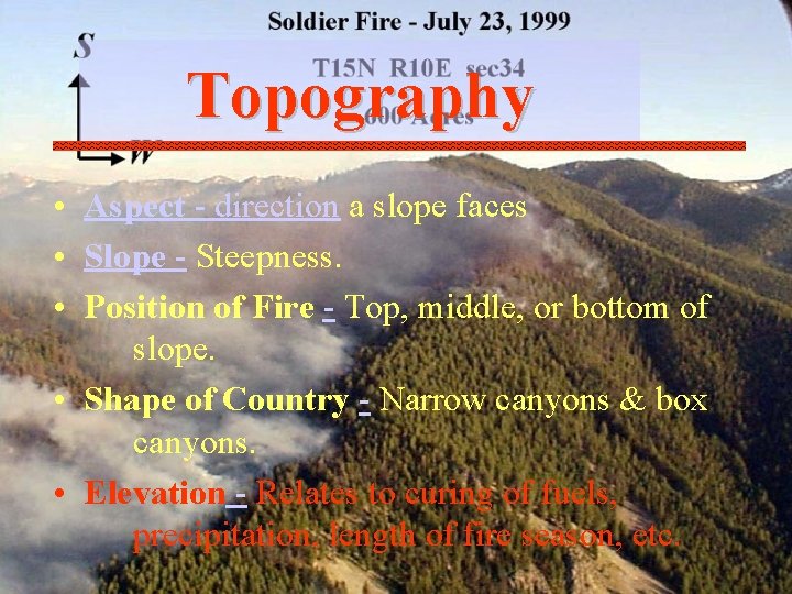 Topography • Aspect - direction a slope faces • Slope - Steepness. • Position