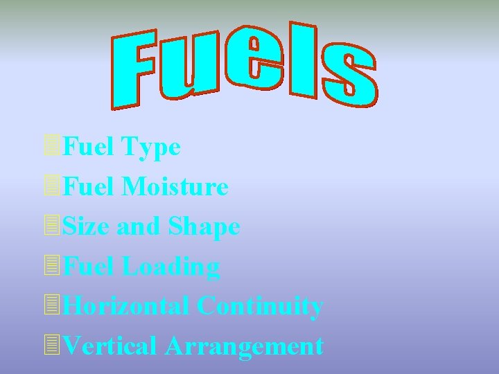 3 Fuel Type 3 Fuel Moisture 3 Size and Shape 3 Fuel Loading 3