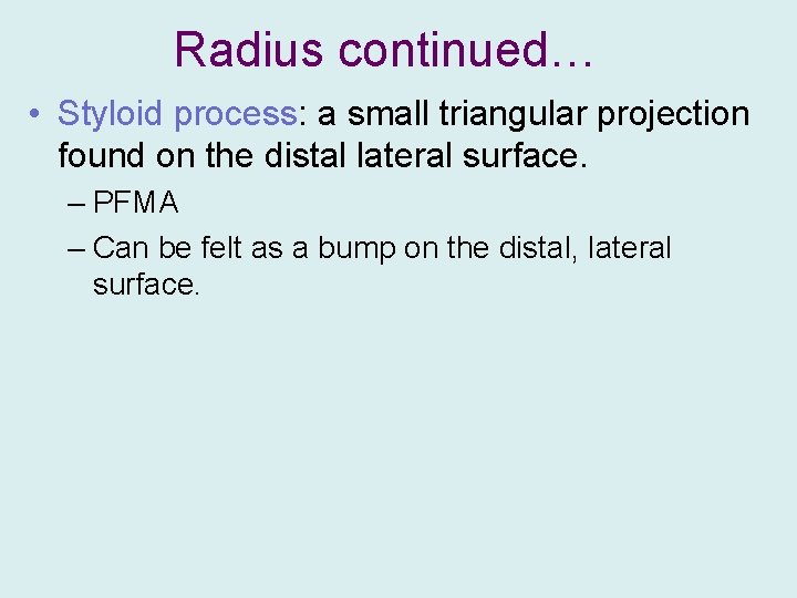 Radius continued… • Styloid process: a small triangular projection found on the distal lateral
