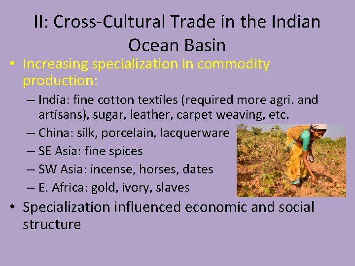 II: Cross-Cultural Trade in the Indian Ocean Basin • Increasing specialization in commodity production: