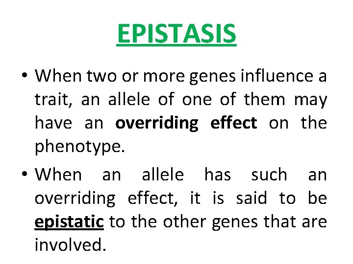 EPISTASIS • When two or more genes influence a trait, an allele of one
