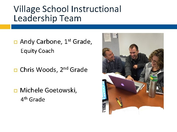 Village School Instructional Leadership Team Andy Carbone, 1 st Grade, Equity Coach Chris Woods,