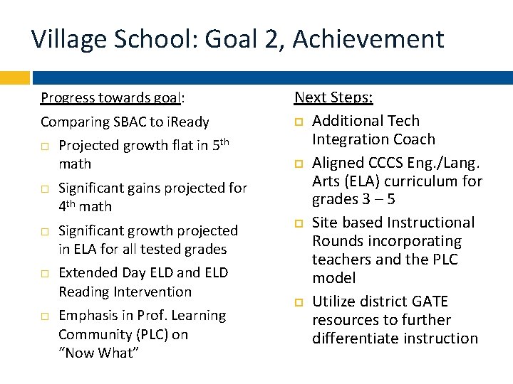 Village School: Goal 2, Achievement Progress towards goal: Comparing SBAC to i. Ready Projected