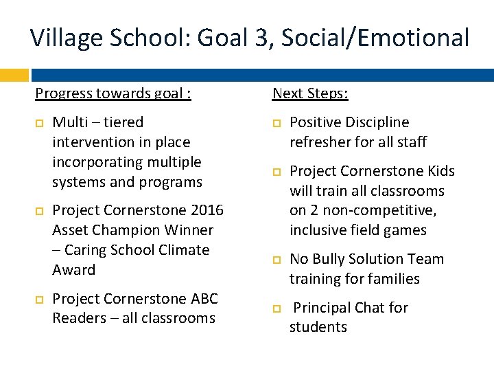 Village School: Goal 3, Social/Emotional Progress towards goal : Multi – tiered intervention in