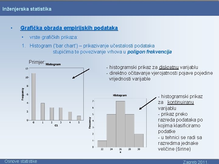 Inženjerska statistika • Grafička obrada empirijskih podataka • vrste grafičkih prikaza: 1. Histogram (‘bar