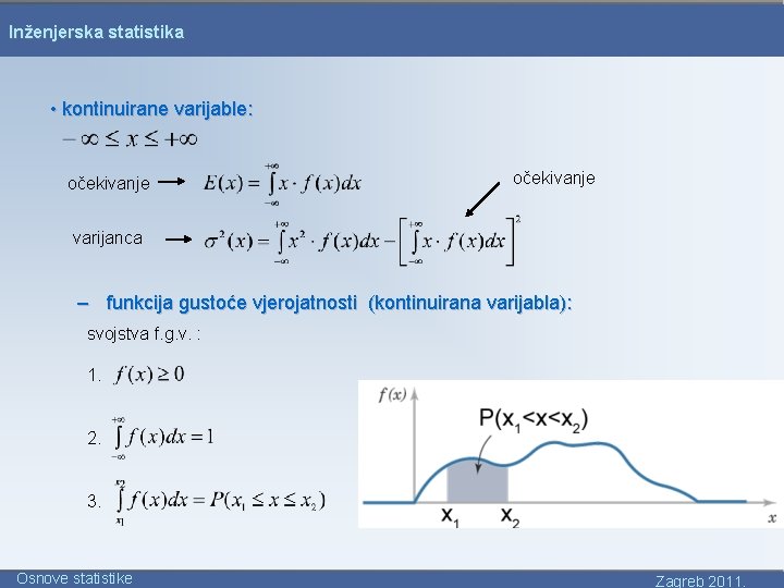 Inženjerska statistika • kontinuirane varijable: očekivanje varijanca – funkcija gustoće vjerojatnosti (kontinuirana varijabla): svojstva