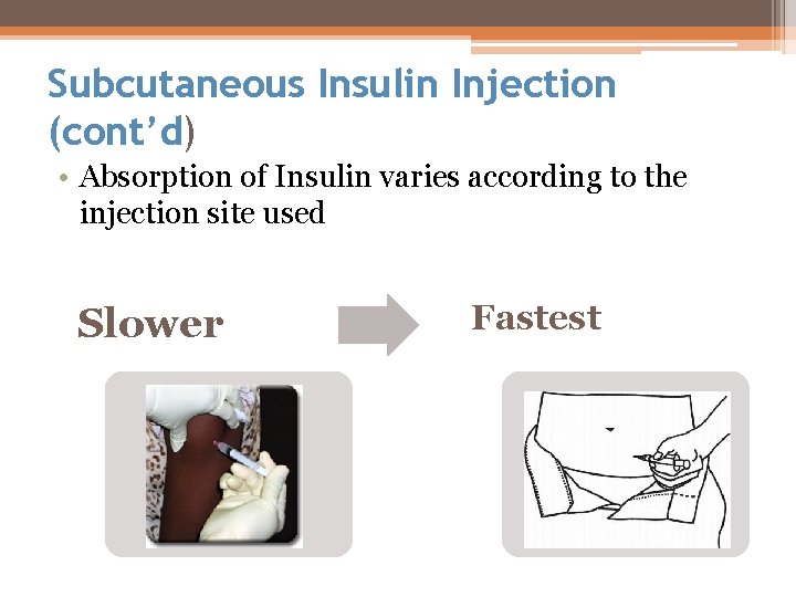 Subcutaneous Insulin Injection (cont’d) • Absorption of Insulin varies according to the injection site
