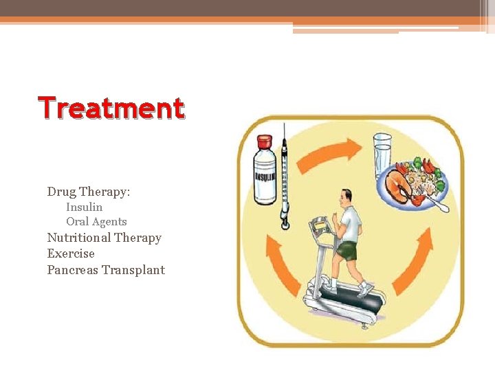 Treatment Drug Therapy: Insulin Oral Agents Nutritional Therapy Exercise Pancreas Transplant 