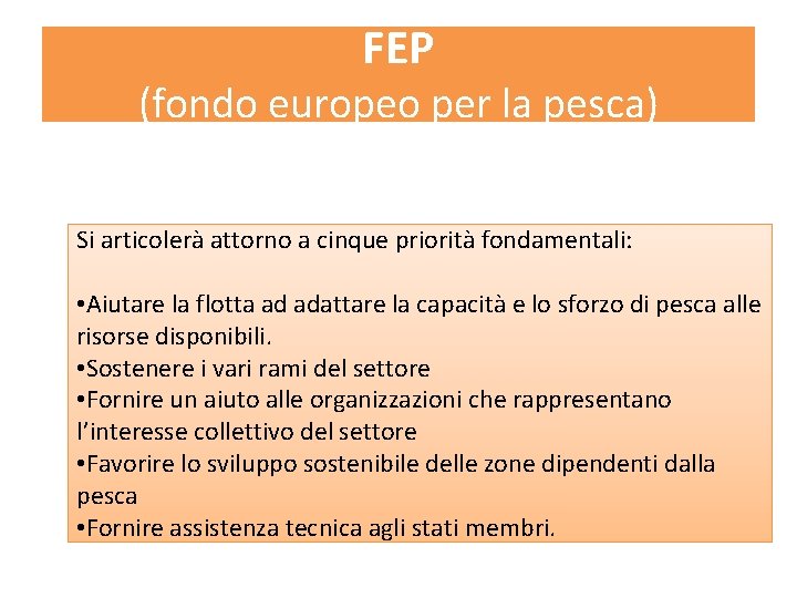 FEP (fondo europeo per la pesca) Si articolerà attorno a cinque priorità fondamentali: •