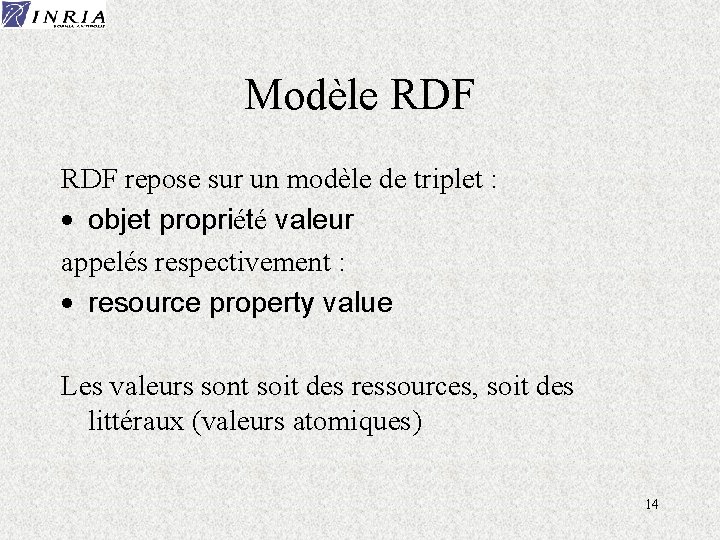 Modèle RDF repose sur un modèle de triplet : · objet propriété valeur appelés