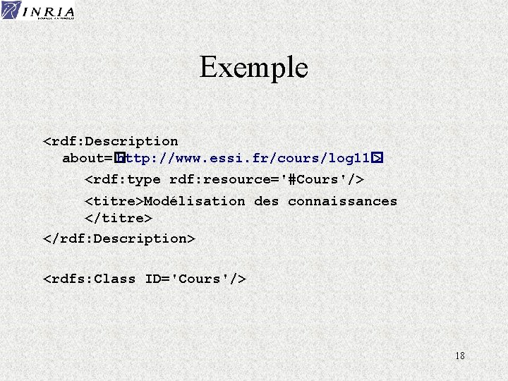 Exemple <rdf: Description about=� http: //www. essi. fr/cours/log 11� > - <rdf: type rdf: