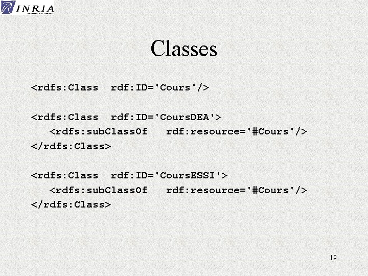 Classes <rdfs: Class rdf: ID='Cours'/> <rdfs: Class rdf: ID='Cours. DEA'> <rdfs: sub. Class. Of
