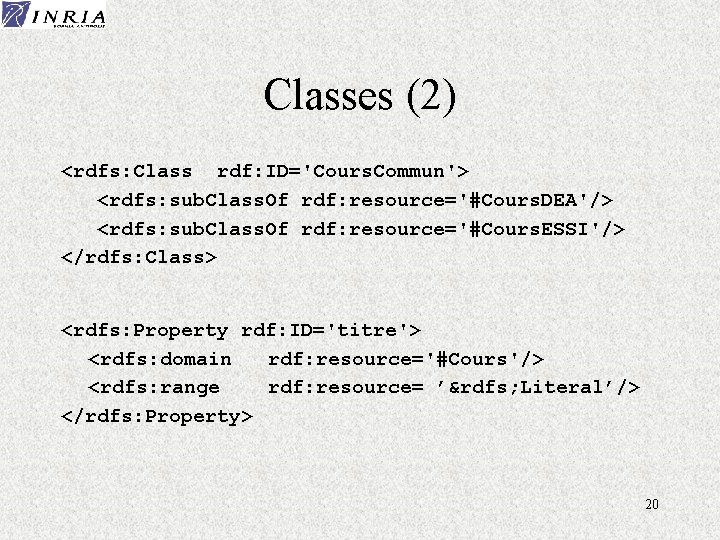 Classes (2) <rdfs: Class rdf: ID='Cours. Commun'> <rdfs: sub. Class. Of rdf: resource='#Cours. DEA'/>