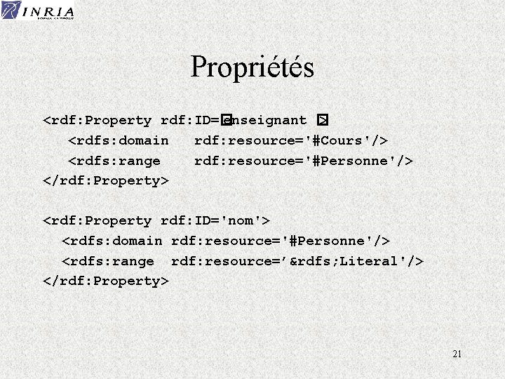 Propriétés <rdf: Property rdf: ID=� enseignant � > <rdfs: domain rdf: resource='#Cours'/> <rdfs: range