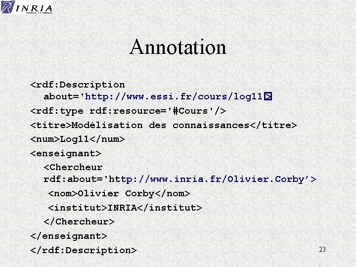 Annotation <rdf: Description about='http: //www. essi. fr/cours/log 11� > <rdf: type rdf: resource='#Cours'/> <titre>Modélisation