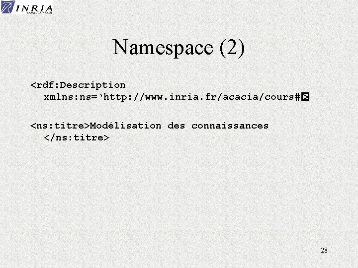 Namespace (2) <rdf: Description xmlns: ns=‘http: //www. inria. fr/acacia/cours#� > <ns: titre>Modélisation des connaissances