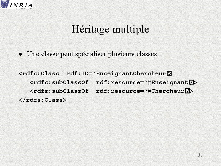 Héritage multiple · Une classe peut spécialiser plusieurs classes <rdfs: Class rdf: ID=‘Enseignant. Chercheur�