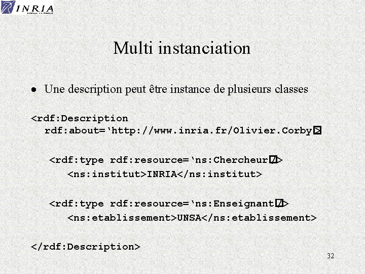 Multi instanciation · Une description peut être instance de plusieurs classes <rdf: Description rdf: