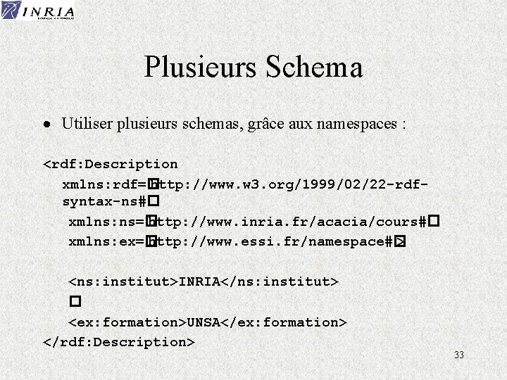 Plusieurs Schema · Utiliser plusieurs schemas, grâce aux namespaces : <rdf: Description xmlns: rdf=�