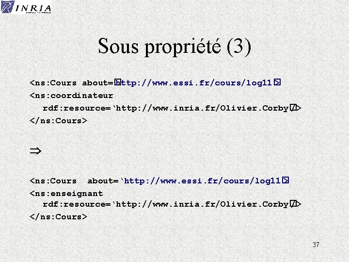 Sous propriété (3) <ns: Cours about=� http: //www. essi. fr/cours/log 11� > <ns: coordinateur