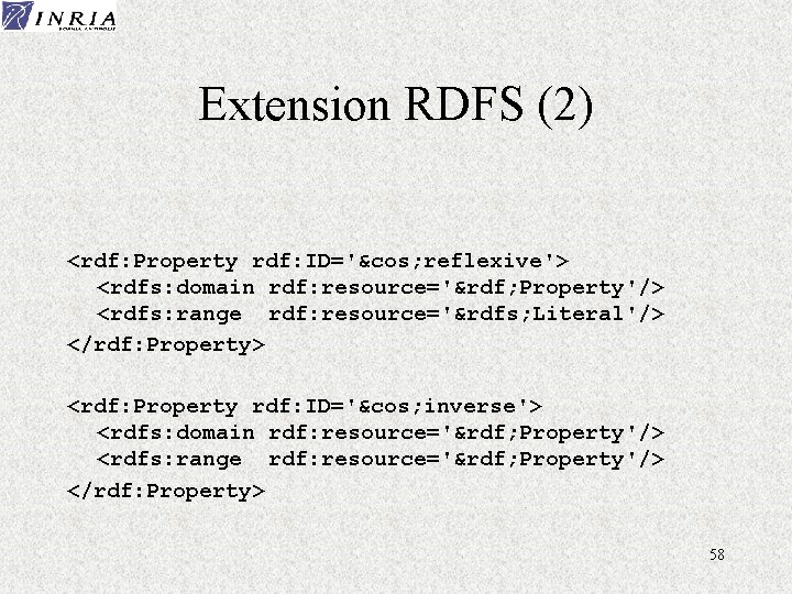 Extension RDFS (2) <rdf: Property rdf: ID='&cos; reflexive'> <rdfs: domain rdf: resource='&rdf; Property'/> <rdfs: