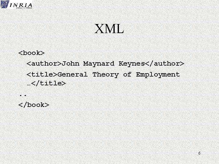 XML <book> <author>John Maynard Keynes</author> <title>General Theory of Employment …</title>. . </book> 6 