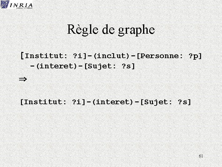 Règle de graphe [Institut: ? i]-(inclut)-[Personne: ? p] -(interet)-[Sujet: ? s] [Institut: ? i]-(interet)-[Sujet: