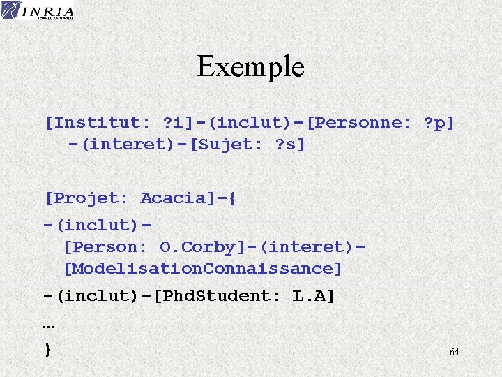 Exemple [Institut: ? i]-(inclut)-[Personne: ? p] -(interet)-[Sujet: ? s] [Projet: Acacia]-{ -(inclut)[Person: O. Corby]-(interet)[Modelisation.