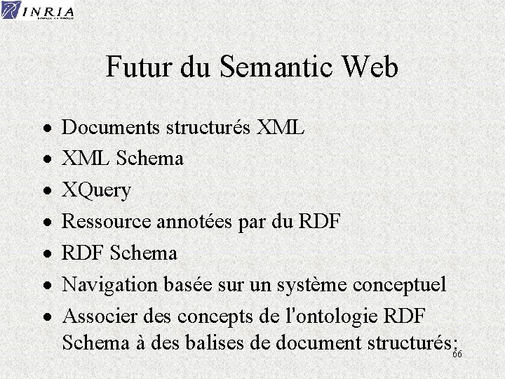 Futur du Semantic Web · · · · Documents structurés XML Schema XQuery Ressource