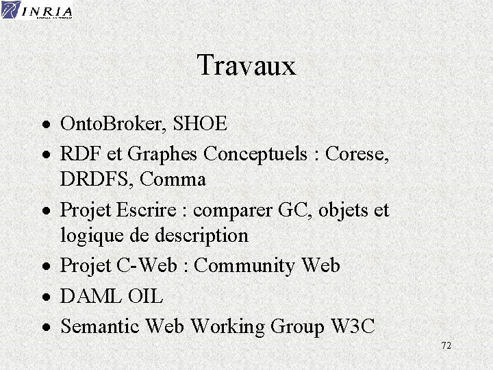 Travaux · Onto. Broker, SHOE · RDF et Graphes Conceptuels : Corese, DRDFS, Comma