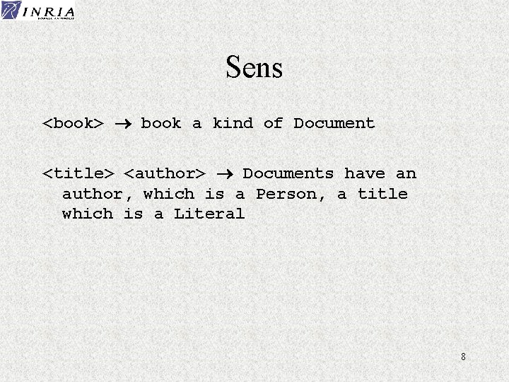 Sens <book> book a kind of Document <title> <author> Documents have an author, which