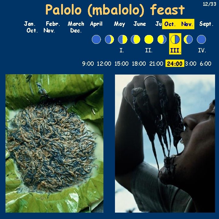 Palolo (mbalolo) feast Jan. Febr. Oct. Nov. March April Dec. May I. June II.