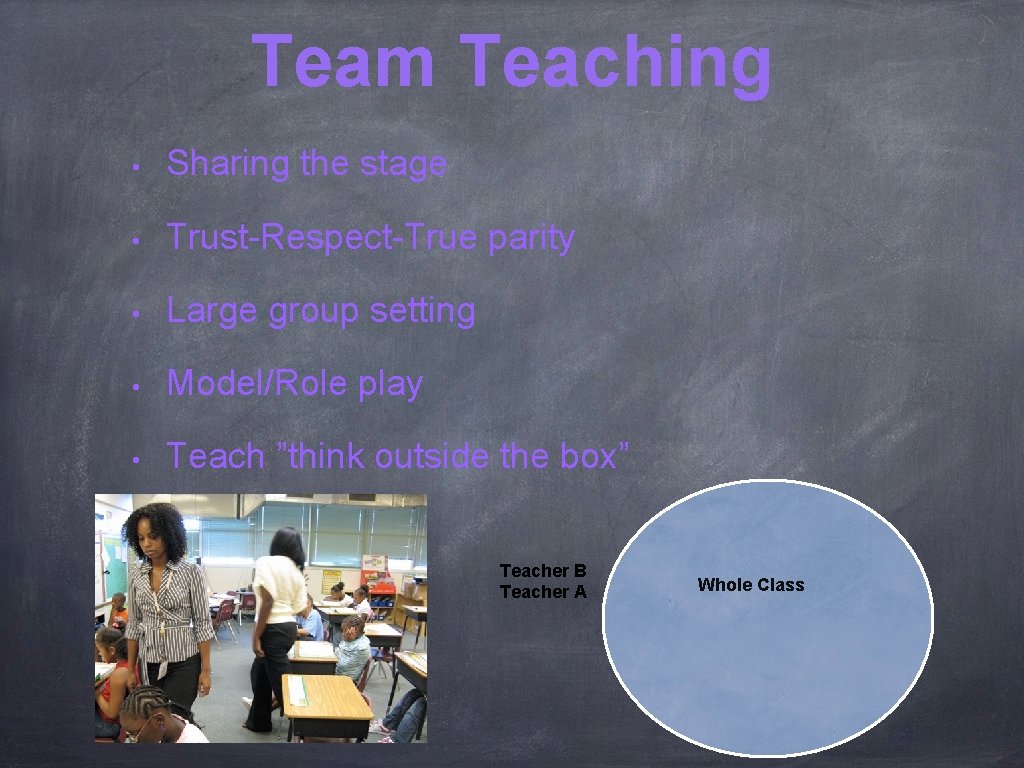 Team Teaching • Sharing the stage • Trust-Respect-True parity • Large group setting •