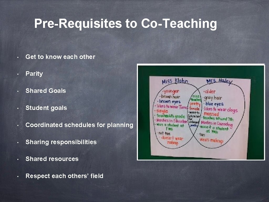 Pre-Requisites to Co-Teaching • Get to know each other • Parity • Shared Goals