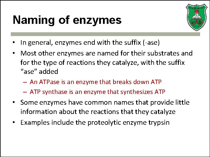 Naming of enzymes • In general, enzymes end with the suffix (-ase) • Most