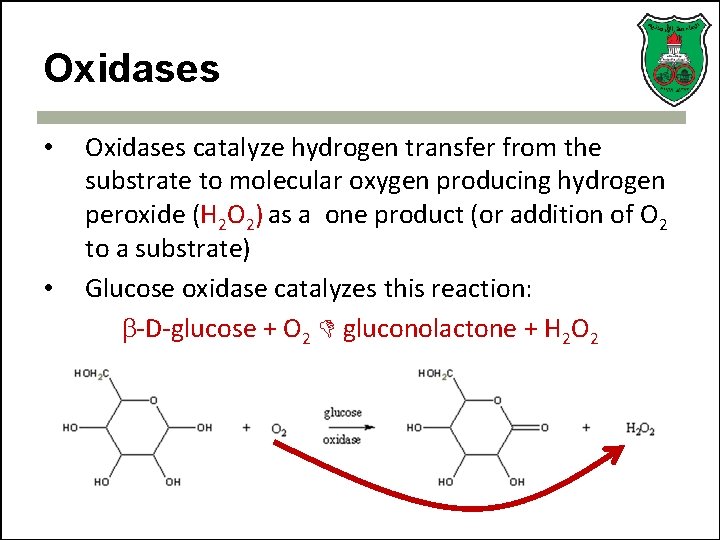 Oxidases • • Oxidases catalyze hydrogen transfer from the substrate to molecular oxygen producing