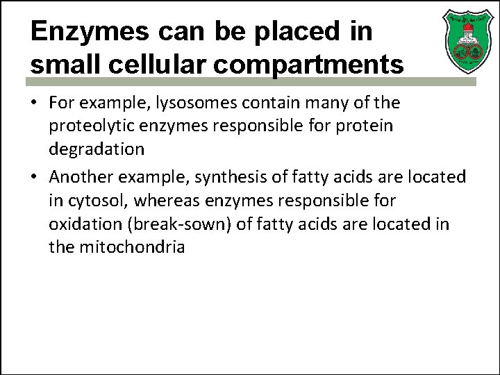 Enzymes can be placed in small cellular compartments • For example, lysosomes contain many