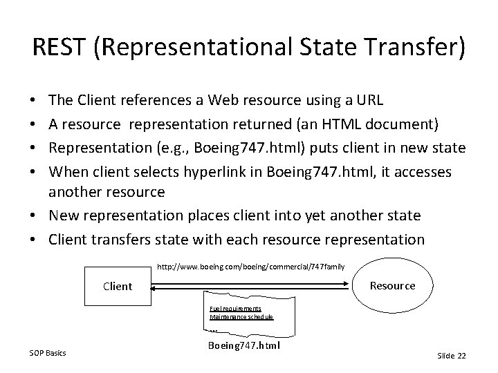 REST (Representational State Transfer) The Client references a Web resource using a URL A