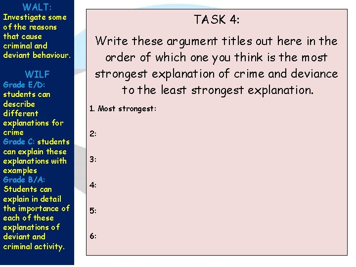 WALT: Investigate some of the reasons that cause criminal and deviant behaviour. WILF Grade