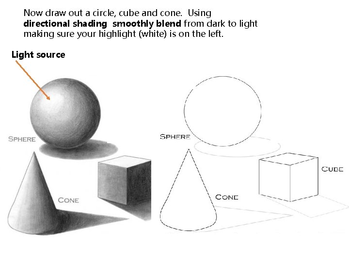 Now draw out a circle, cube and cone. Using directional shading smoothly blend from