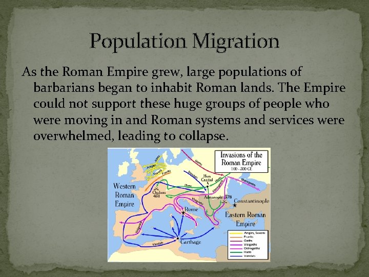 Population Migration As the Roman Empire grew, large populations of barbarians began to inhabit