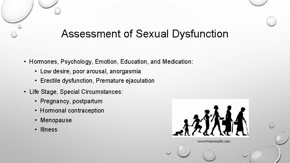 Assessment of Sexual Dysfunction • Hormones, Psychology, Emotion, Education, and Medication: • Low desire,