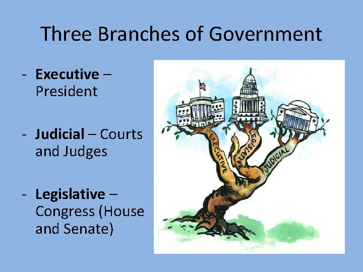 Three Branches of Government - Executive – President - Judicial – Courts and Judges