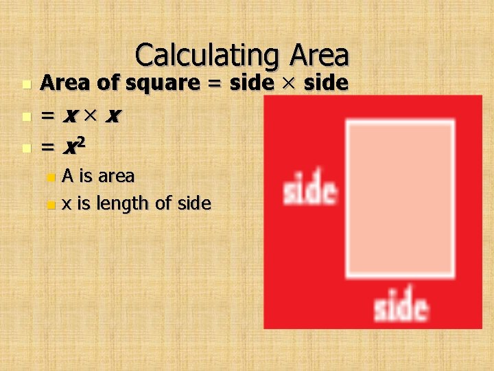 Calculating Area n n n Area of square = side × side =x×x =