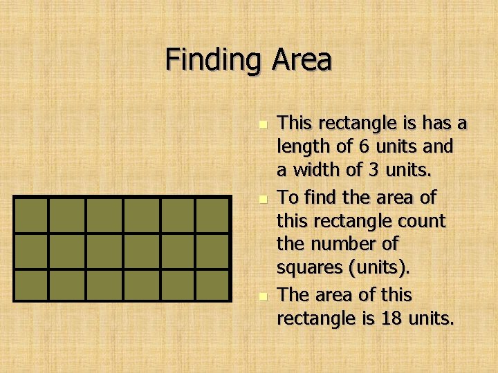 Finding Area n n n This rectangle is has a length of 6 units